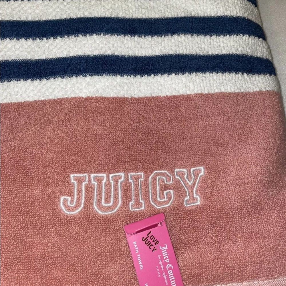 🎉HP🎉New! Juicy Couture Pink/Navy Striped Logo Bath Towel 3 Piece Set🤍🎀 - Picture 9 of 10
